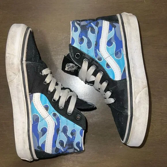 VANS High Top Sneakers Lace Up Youth 12.5 Shoes Flames Black Blue White - Picture 7 of 9